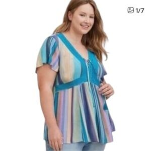 Torrid Women's 2 18/20 2X Blouse Top Blue Striped Crochet Trim Lace-Up Plus Size